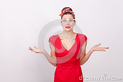Confused woman don`t know, looking at camera Stock Photo