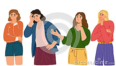 Confused women in doubts and thoughts. Puzzled pensive people worry and think with serious thoughtful expression. Vector Illustration