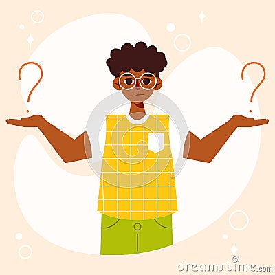 Confused young African American guy thinking surrounded by question marks. Vector character in flat cartoon style Vector Illustration