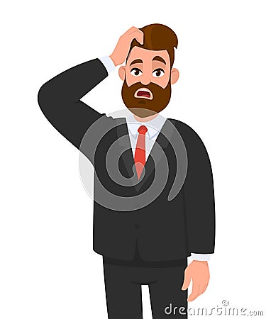 Confused young business man in formal wear scratching his head. Unhappy man in puzzled expression. Male character design. Vector Illustration