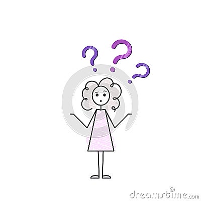 confused young curly teen girl with purple question marks overhead vector sketch illustration Vector Illustration
