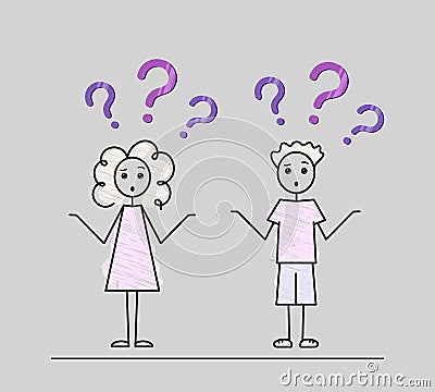 confused young curly teens boy and girl with purple question marks overhead vector sketch illustration Vector Illustration