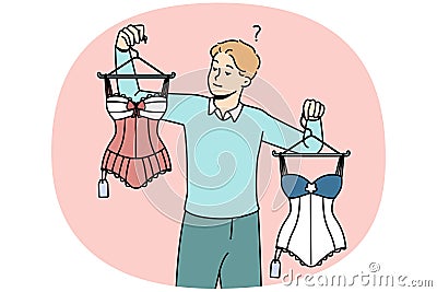 Confused man choosing sexy women lingerie Vector Illustration