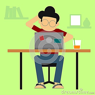 Confused young man with glasses working on laptop Cartoon Illustration