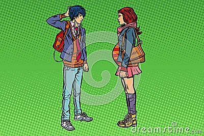 Confused young man and pregnant girl. Teenage sex Vector Illustration