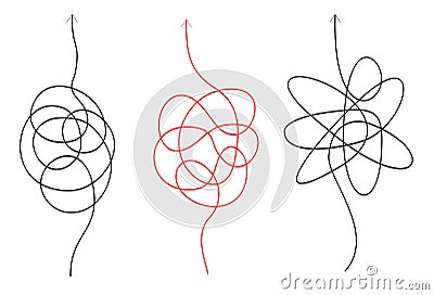 Confusing difficult arrows. set Tangle scribbles with arrow, simple lines knot designs, chaos tangled drawing wires Stock Photo