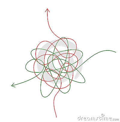 Confusing difficult arrows. Tangle scribbles with arrow, simple lines knot designs, chaos tangled drawing wires. Messy Vector Illustration