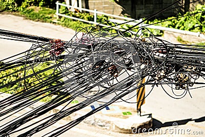 Confusing and Messed-up of communication fiber optic cable Stock Photo