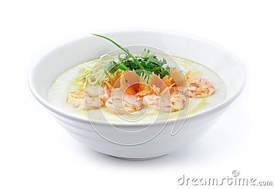 Congee Shrimps ,Rice Porridge served slice ginger Stock Photo