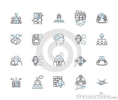 Congenial teamwork line icons collection. Synergy, Harmony, Unity, Collaboration, Coherence, Cohesion, Trust vector and Vector Illustration