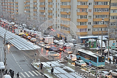 Bucharest congested road traffic due to the snow deposited Editorial Stock Photo