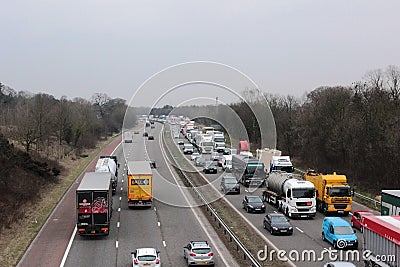 Congested traffic on three lane motorway, England Editorial Stock Photo