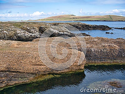 Conglomerate rock fore and inclined strata behind on the Ness of Burgi, south Shetland, UK - Hayes Sandstone Formation Stock Photo