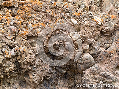 Conglomerate of sedimentary deposit plus lichens Stock Photo