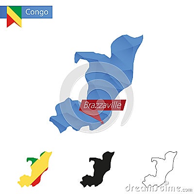 Congo blue Low Poly map with capital Brazzaville Vector Illustration