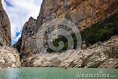 Congost de Mont Rebei, mountain gorge with azure river and canoe, kayaking in Aragon, Catalonia, Spain Editorial Stock Photo