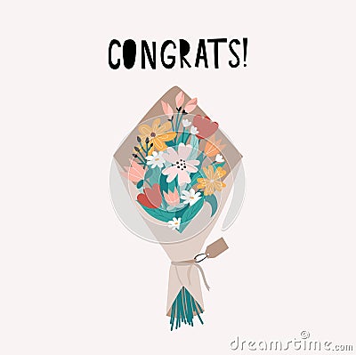 Congrats banner or greeting card template with bunch of flowers and lettering. Congratulations floral vector illustration Vector Illustration