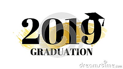 Congrats graduates, class of 2019. Graduation party banner with gold background and graduation hat. Vector design logo for Vector Illustration