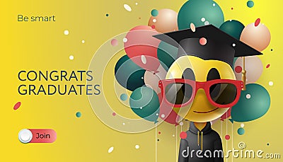 Congrats Graduates, emoji wearing sunglasses and a graduation cap with party balloons around it Vector Illustration