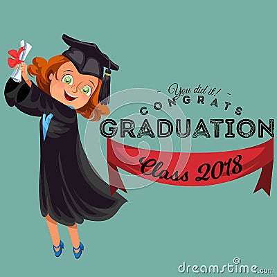 Congrats graduation class of 2018 flat colorful poster. Happy girl alumnus holding diploma in hands and jumping for joy Vector Illustration
