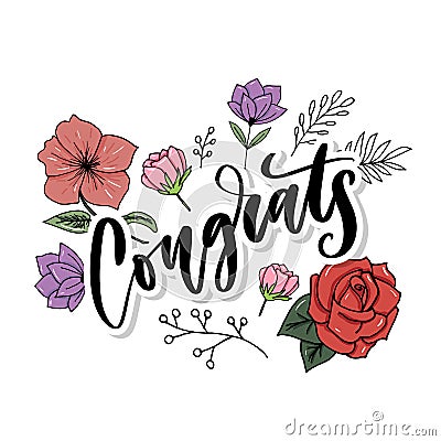 Congrats hand written lettering for congratulations card, greeting card, invitation, and print. Isolated on background. Slogan Cartoon Illustration