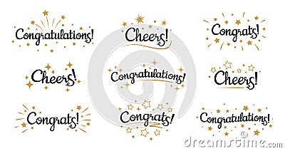 Congrats lettering. Congratulation text labels, cheers sign decorated with golden burst and stars and congratulations Vector Illustration