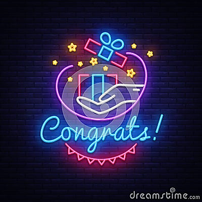 Congrats Neon Signboard Vector. Gift neon sign, design template, modern trend design, night neon signboard, night bright Vector Illustration