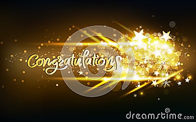 Congratulation calligraphy with glow gold shooting stars light effect neon, decoration celebration, confetti, snowflakes scatter Vector Illustration