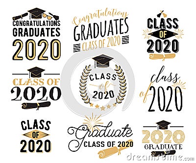 Congratulation graduation wishes overlays, lettering labels design set. Retro graduate class of 2020 badges. Hand drawn Vector Illustration