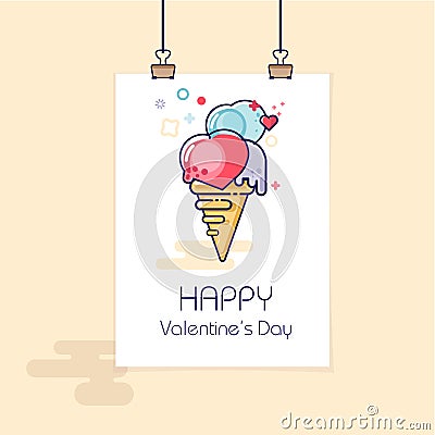 Congratulation Valentine`s Day. Banner or poster. Ice cream in a waffle cup. Heart and romantic dessert. A gift, a postcard or a Vector Illustration