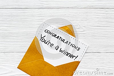 Congratulations award concept -You are a winner card in golden envelope Stock Photo