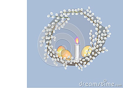 Easter wreath with white eggs and candle Vector Illustration