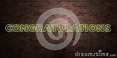 CONGRATULATIONS - fluorescent Neon tube Sign on brickwork - Front view - 3D rendered royalty free stock picture Stock Photo