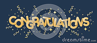 Congratulations - Gold text andgold ribbon fireworks stars around on dark blue background Vector Illustration