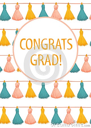 Congratulations Graduate tassel garland card template. Congrats grad postcard greeting card vertical with cute hand drawn tassels Stock Photo