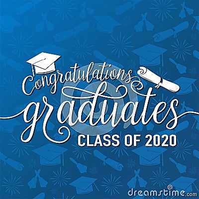 Congratulations graduates 2020 class of vector illustration on seamless grad background, white sign for the graduation Vector Illustration