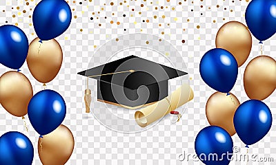 Congratulations graduation. Class of 2023. Graduation cap and confetti and balloons. Congratulatory banner in blue. Academy of Vector Illustration