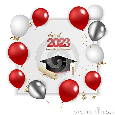 Congratulations graduation. Class of 2023. Graduation cap and confetti and balloons. Congratulatory banner in blue. Academy of Vector Illustration