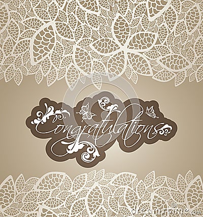 Congratulations greeting card floral swirls with lace leaves borders Vector Illustration