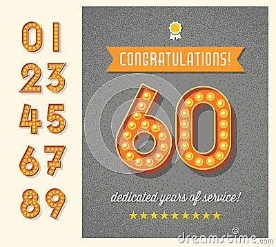 Congratulations greeting card with light bulb display numbers. Vector Illustration