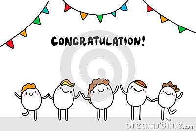 Congratulations hand drawn vector illustration with happy cartoon comic people celebrating Cartoon Illustration