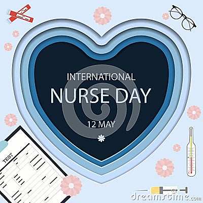 Congratulations on the international day of nurses on may 12. A blue postcard with medical items a syringe, a blood test Stock Photo