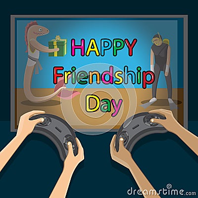 Congratulations international friendship day. Hands holding joysticks TV video game with characters gifts. Vector image Vector Illustration