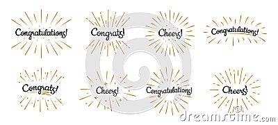 Congratulations lettering. Congrats label, cheers celebration and congratulation text badges with golden burst vector Vector Illustration