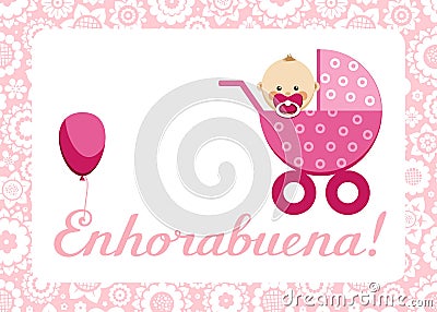 Congratulations, newborn baby girl, postcard, Spanish, vector. Vector Illustration