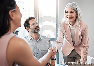 Congratulations are in order. a mature businesswoman shaking hands with a colleague during a meeting in the office. Stock Photo