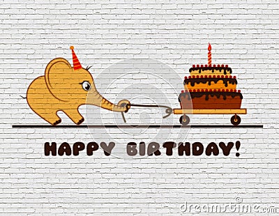 Congratulations to the happy birthday for a child. Graffiti on a white brick wall. Cartoon elephant calf with cake and one candle Stock Photo