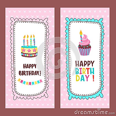 Congratulations on your birthday. Beautiful cute cakes and candlelight cakes. Hand drawn frames. Vector illustration. Vector Illustration