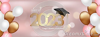 Congratulations on your graduation from school. Class of 2023. Graduation cap, confetti and balloons. Congratulatory banner. Vector Illustration