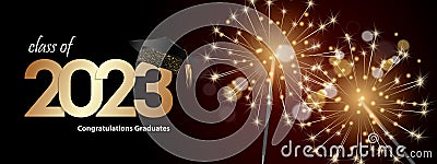 Congratulations on your graduation from school. Class of 2023. Graduation cap, confetti and balloons. Congratulatory banner. Vector Illustration
